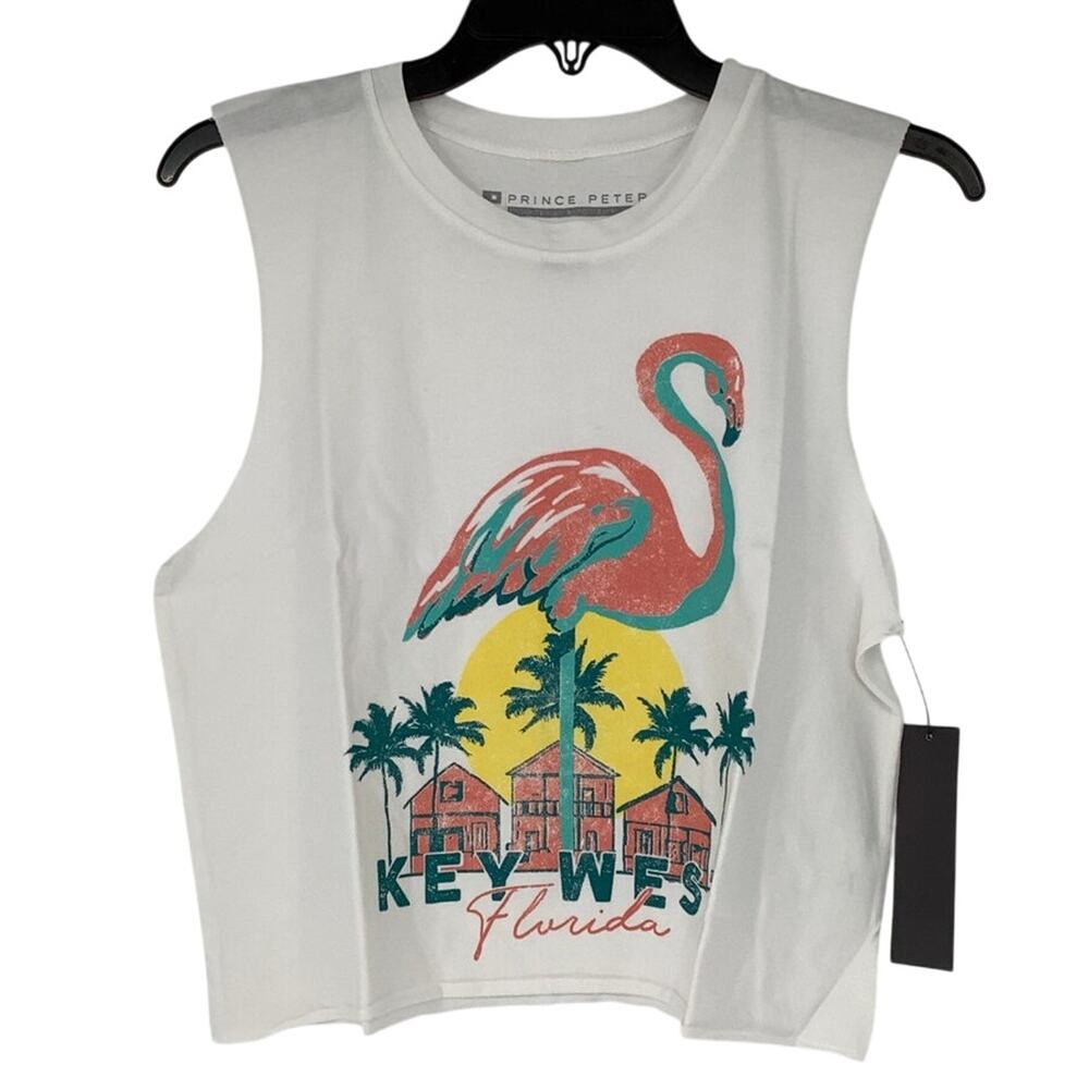 Prince Peter Women's Small Flamingo Key West Florida USA White Tank Top L15-3